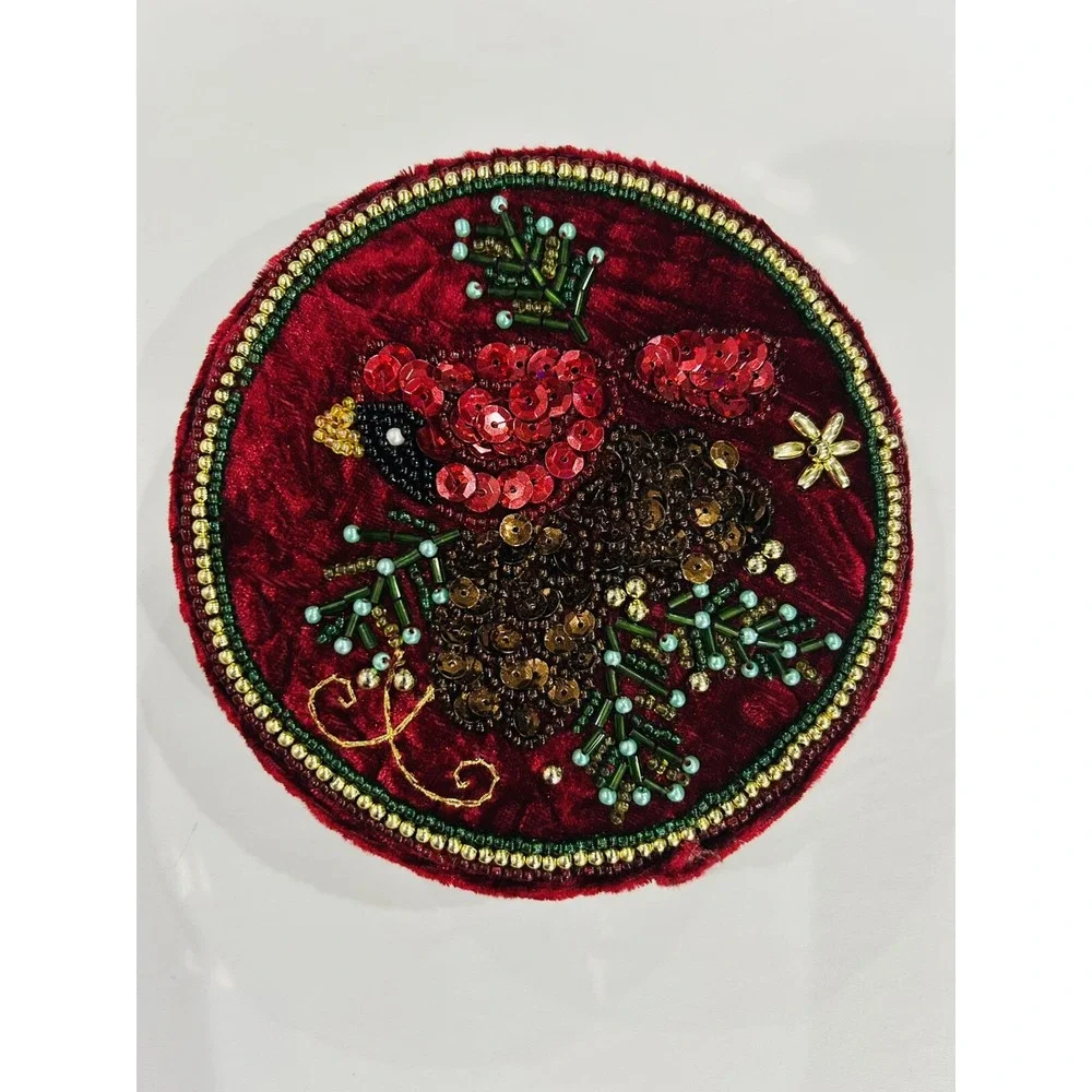 Vintage Velvet Trinket Jewelry Box Keepsake Red Cardinal Beaded Bird Pinecone 5